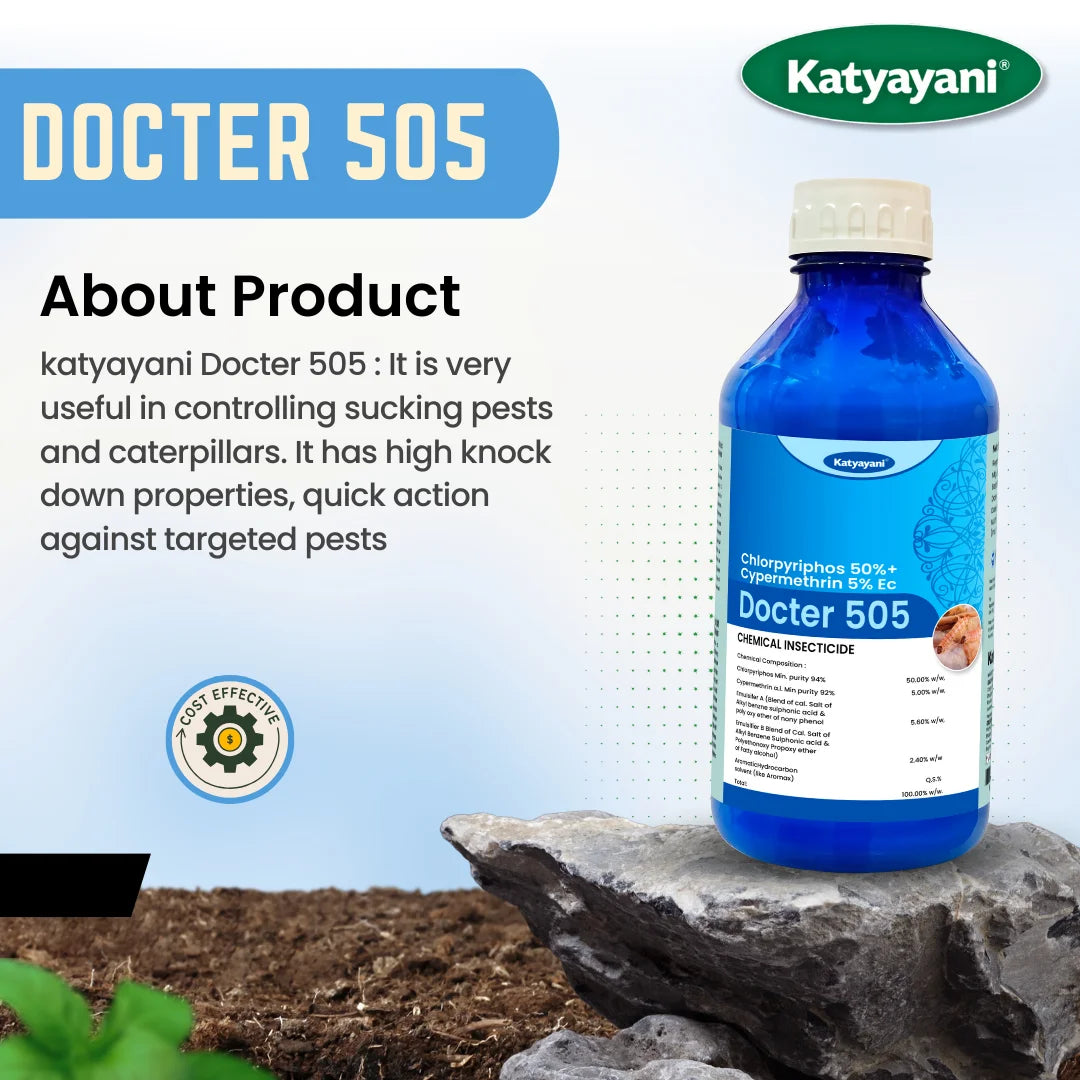 Docter 505 Chlorpyriphos 50% + Cypermethrin 5% EC Control sucking pests & caterpillars