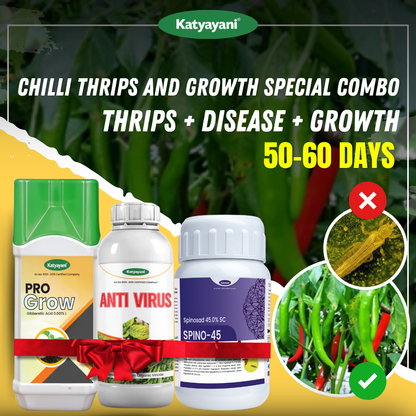 Katyayani Chilli Thrips and Growth Special Combo | 50-60 Days (Spino 45 (50 ML) + Anti Virus (250 ML x 2) + Pro Grow 250 ML) 