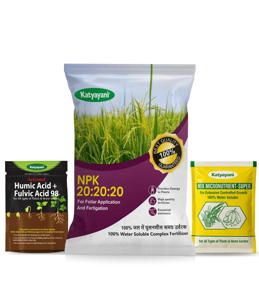Katyayani Npk 20 20 20 Fertilizer (Mix micro 10gm + Humic + fulvic acid 30gm) | 3 IN 1 Pack 